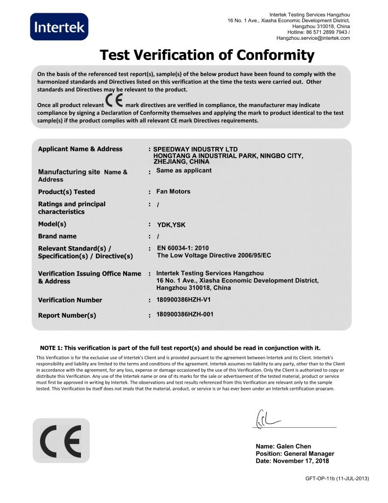 CE certificate for motor