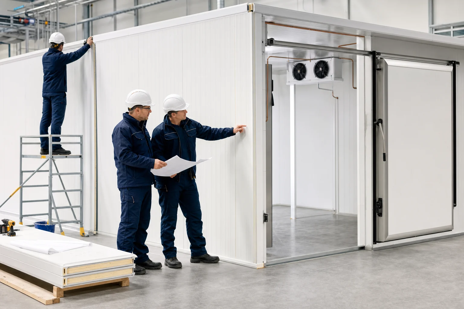 Contractors installing an industrial modular meat cold room